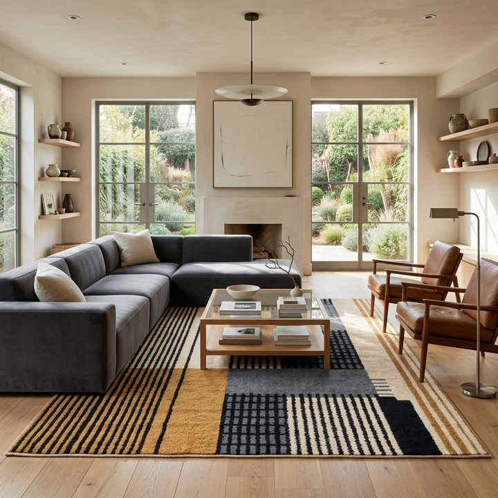 handwoven modern geometric moroccan wool rug with abstract striped and grid pattern