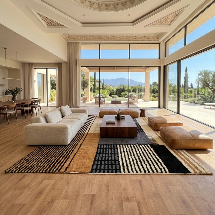 handwoven modern geometric moroccan wool rug with abstract striped and grid pattern