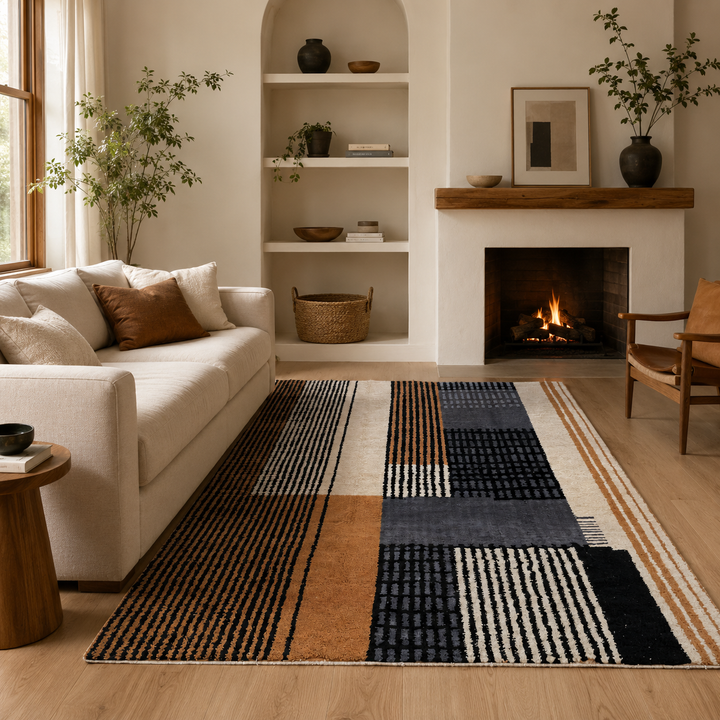 handwoven modern geometric moroccan wool rug with abstract striped and grid pattern