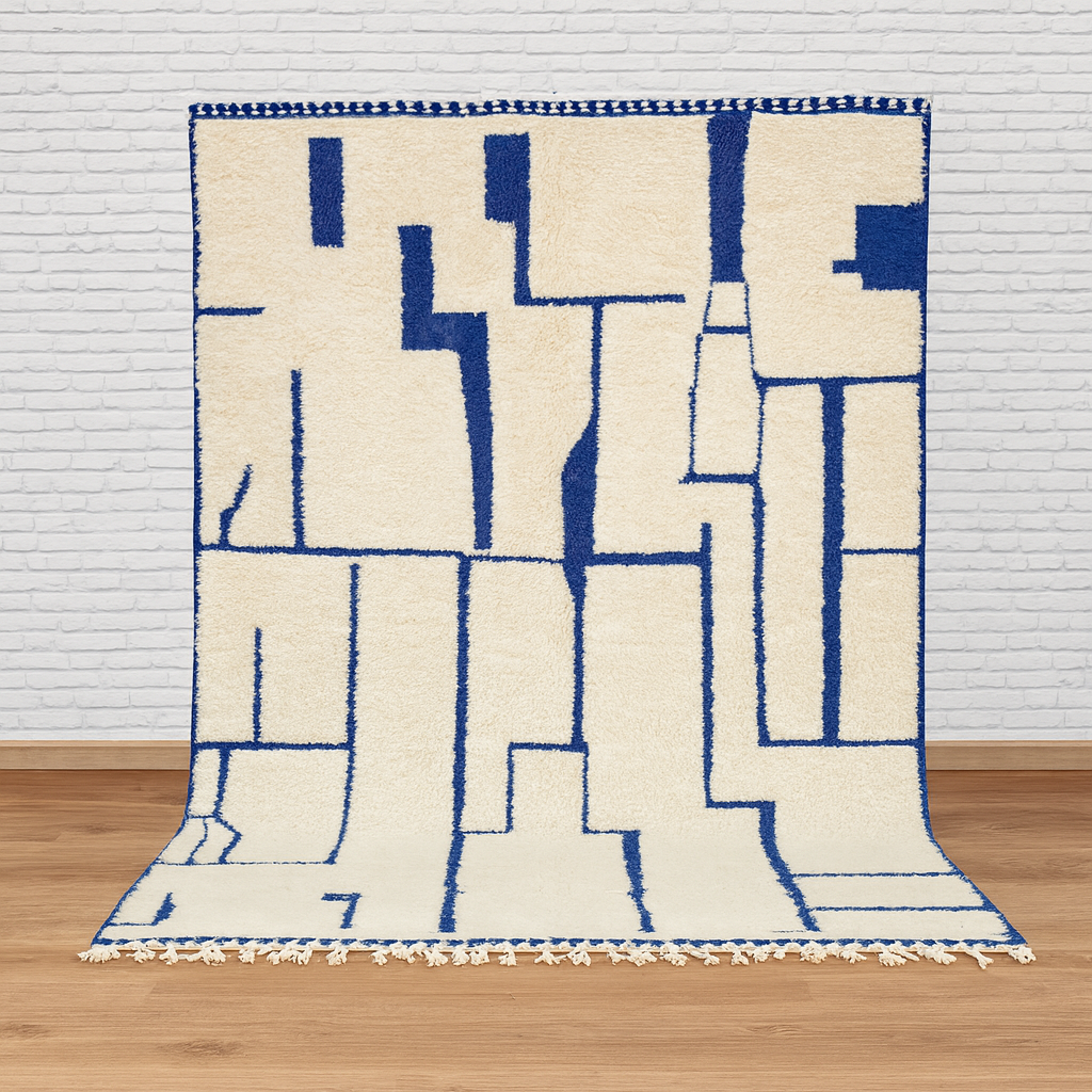 Custom White &amp; Blue Moroccan Wool Rug – Handmade