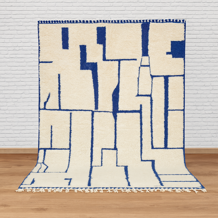 Custom White & Blue Moroccan Wool Rug – Handmade