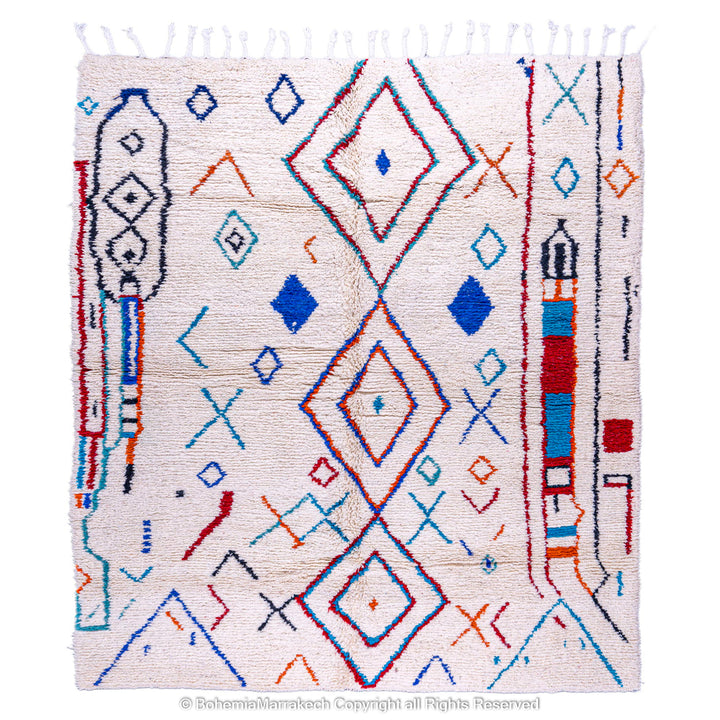 Colorful Azilal Moroccan rug with geometric motifs, handwoven wool carpet from the Atlas Mountains. Available in vibrant shades.