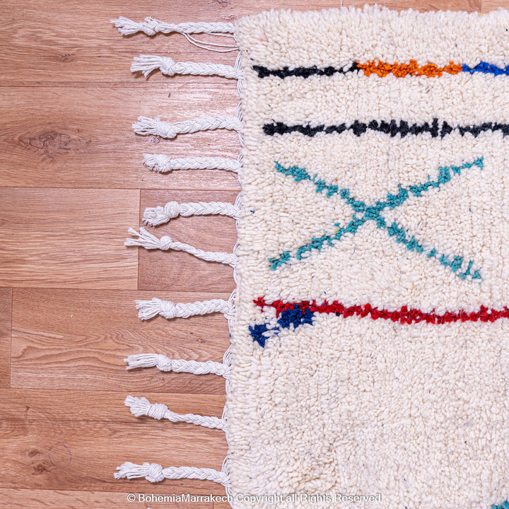 Colorful Azilal Moroccan Wool Rug with Geometric Patterns and Tassels - Vibrant Berber Carpet for Traditional Home Decor