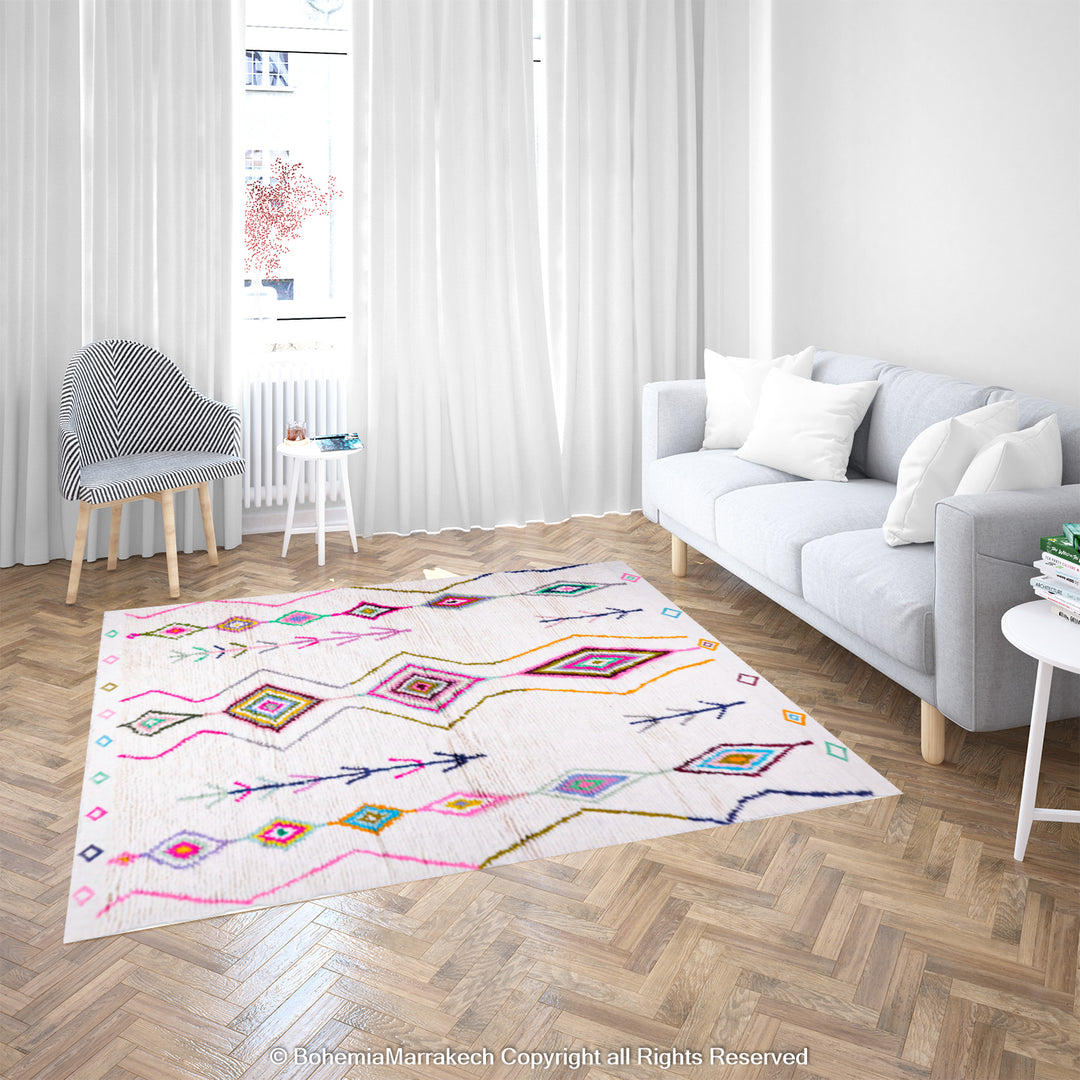Colorful Moroccan Azilal rug with diamond motifs in a bright, modern living room, featuring natural wool and vibrant colors.