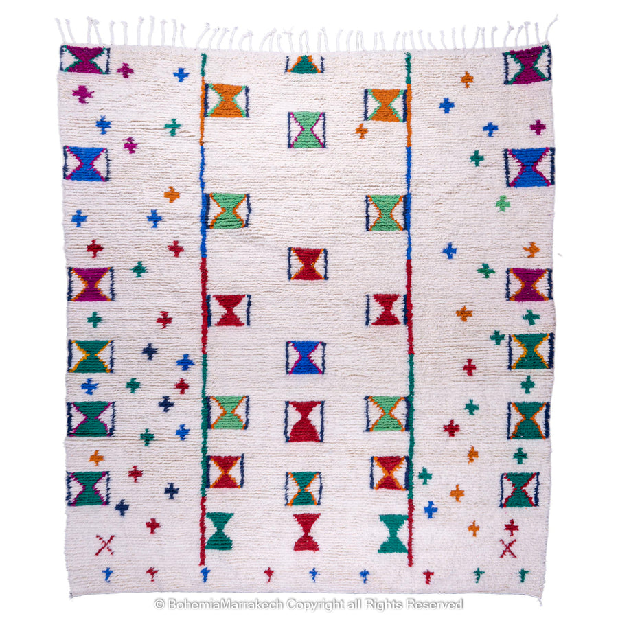 Colorful Moroccan rug with Berber X and cross symbols, handwoven from natural wool, ideal for eclectic interiors. Moroccan rug 8x10.