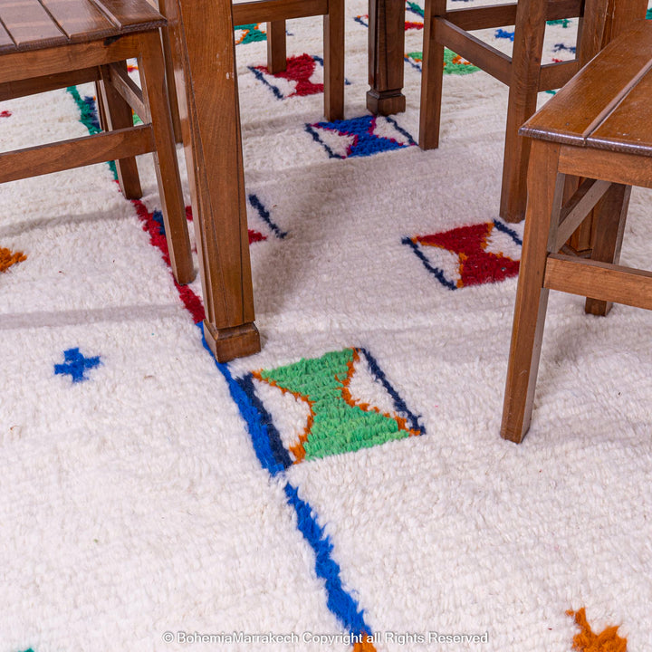 Colorful Moroccan rug with Berber X and cross symbols under a wooden dining set, featuring vibrant geometric patterns on an ivory base.