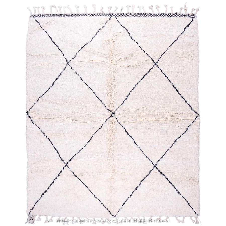 White Moroccan Beni Ourain Rug with Black Diamond Pattern – Wool Handmade Carpet