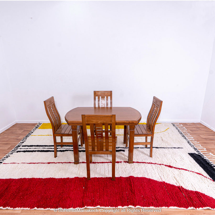Modern White Moroccan Wool Rug with Red, Yellow, and Black Abstract Lines – Beni Ourain Style