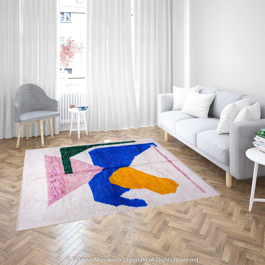 Abstract Moroccan Wool Rug with Colorful Geometric Shapes – Handmade