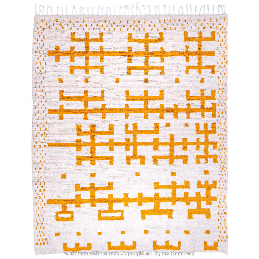 White Moroccan Wool Rug with Mustard Yellow Geometric Berber Pattern