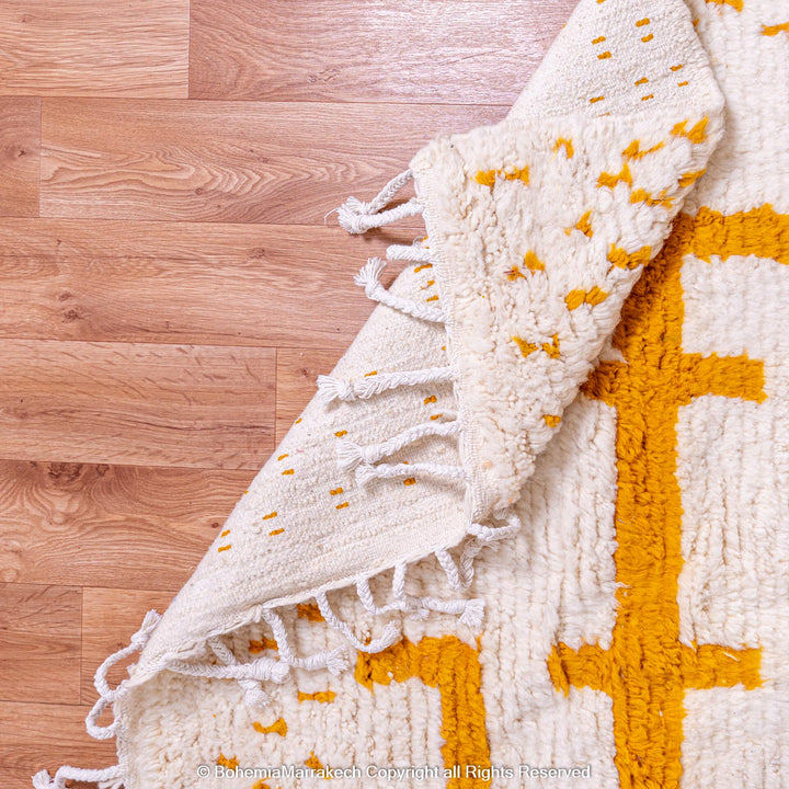 White Moroccan Wool Rug with Mustard Yellow Geometric Berber Pattern