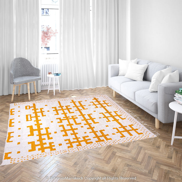White Moroccan Wool Rug with Mustard Yellow Geometric Berber Pattern