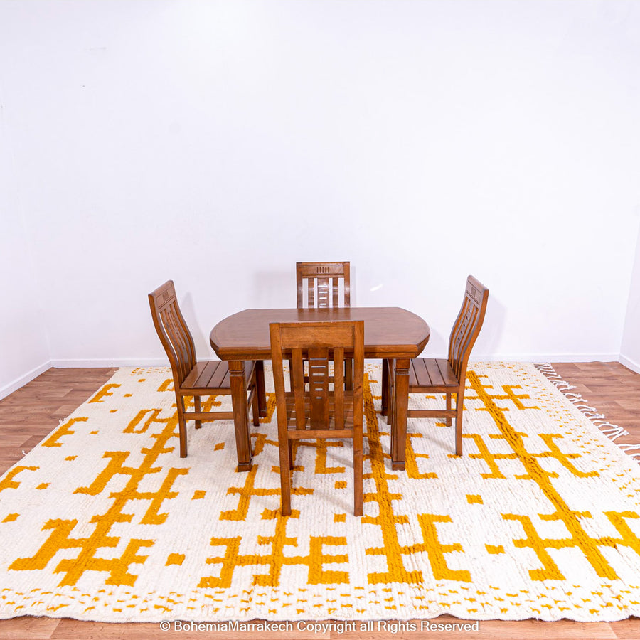 White Moroccan Wool Rug with Mustard Yellow Geometric Berber Pattern