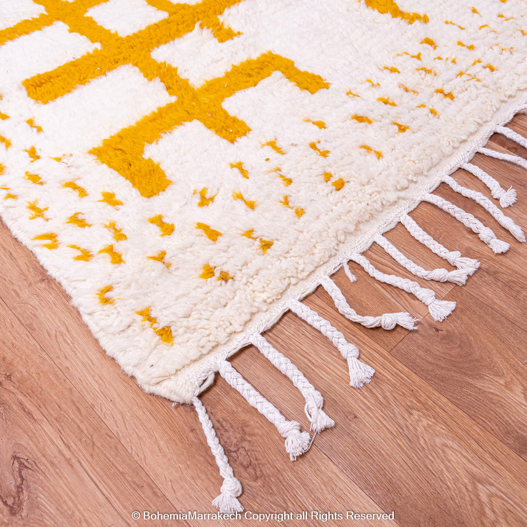 White Moroccan Wool Rug with Mustard Yellow Geometric Berber Pattern