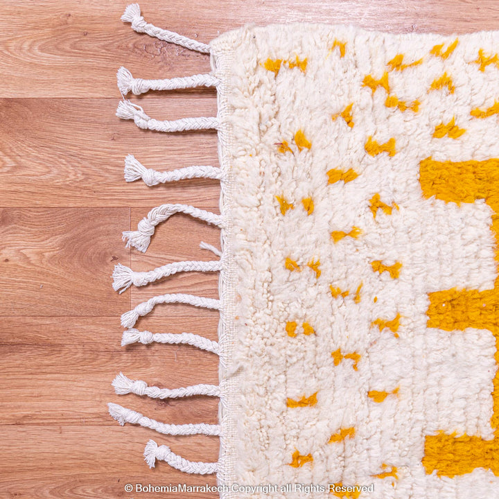 White Moroccan Wool Rug with Mustard Yellow Geometric Berber Pattern