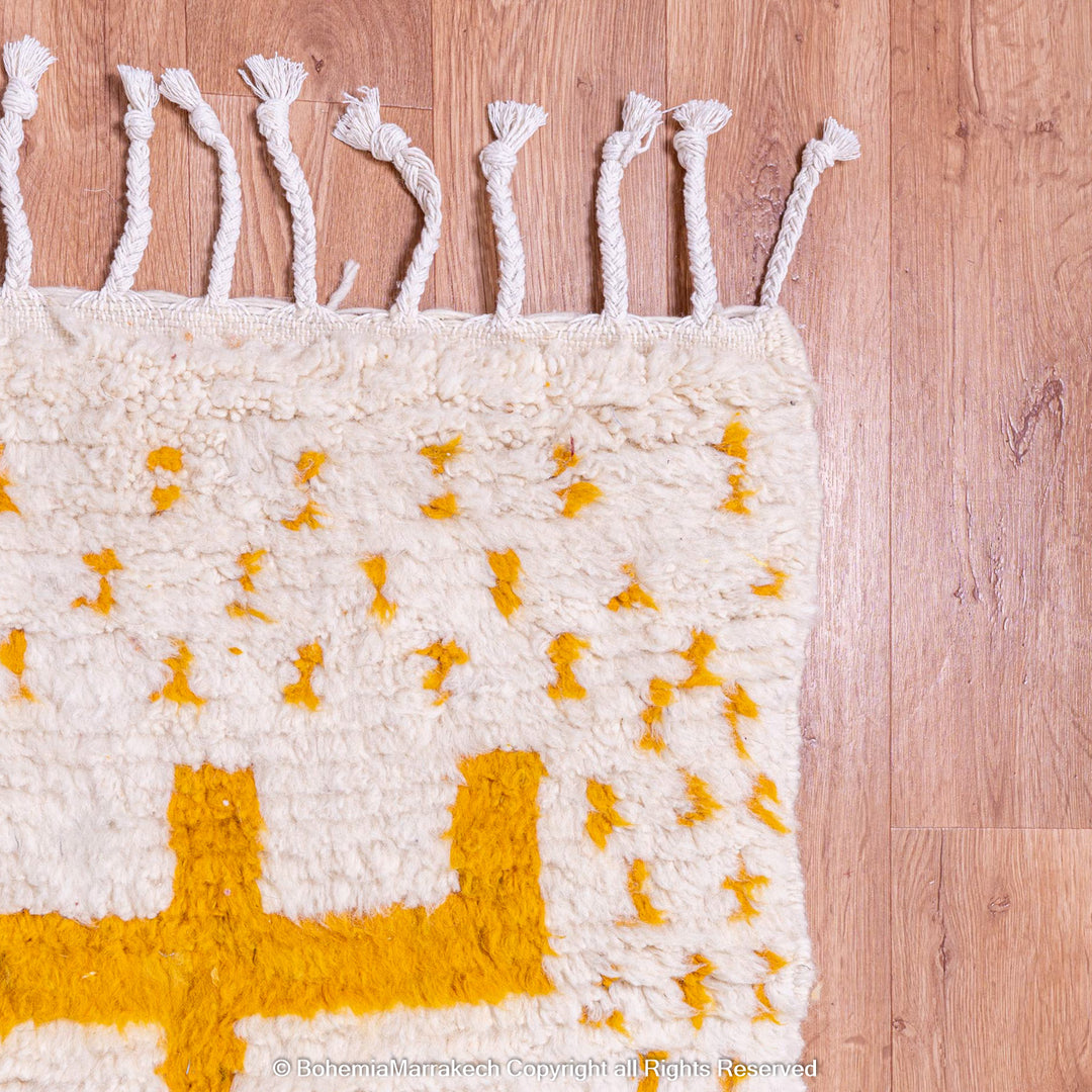 White Moroccan Wool Rug with Mustard Yellow Geometric Berber Pattern