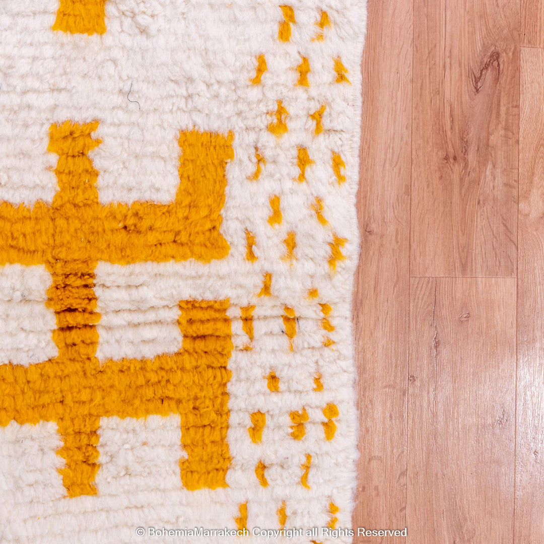 White Moroccan Wool Rug with Mustard Yellow Geometric Berber Pattern