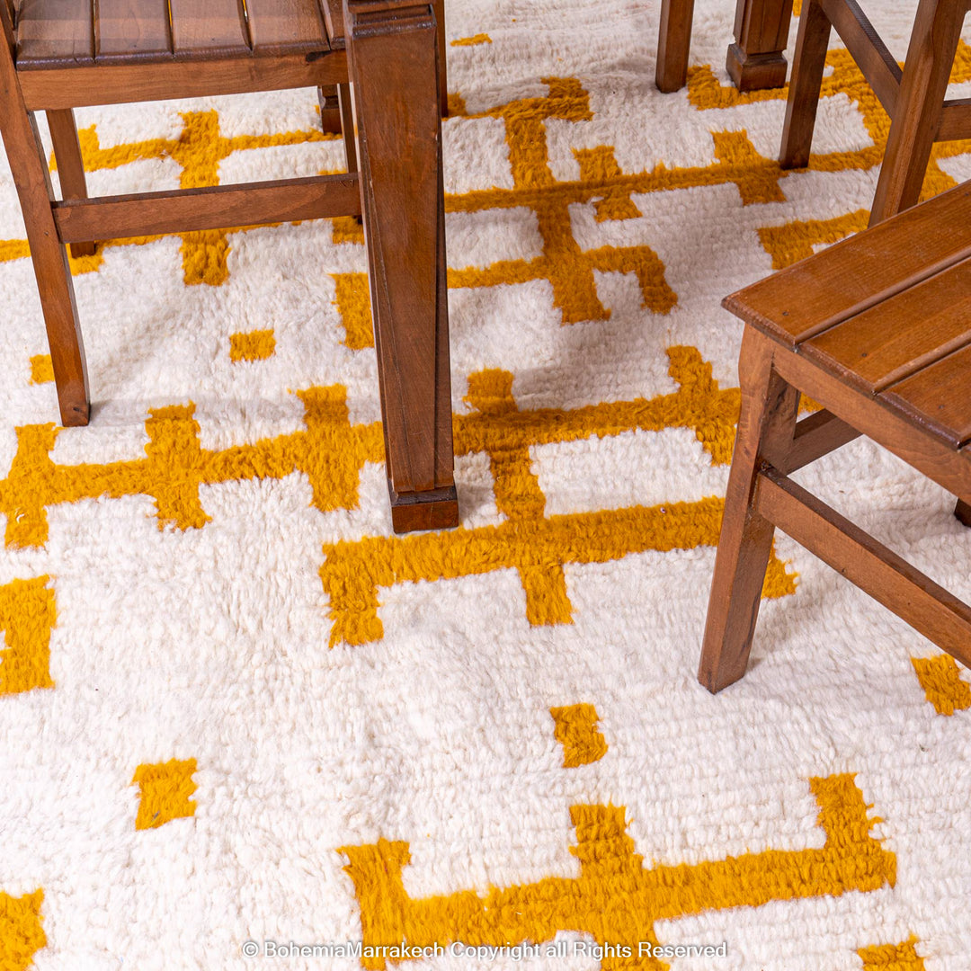 White Moroccan Wool Rug with Mustard Yellow Geometric Berber Pattern