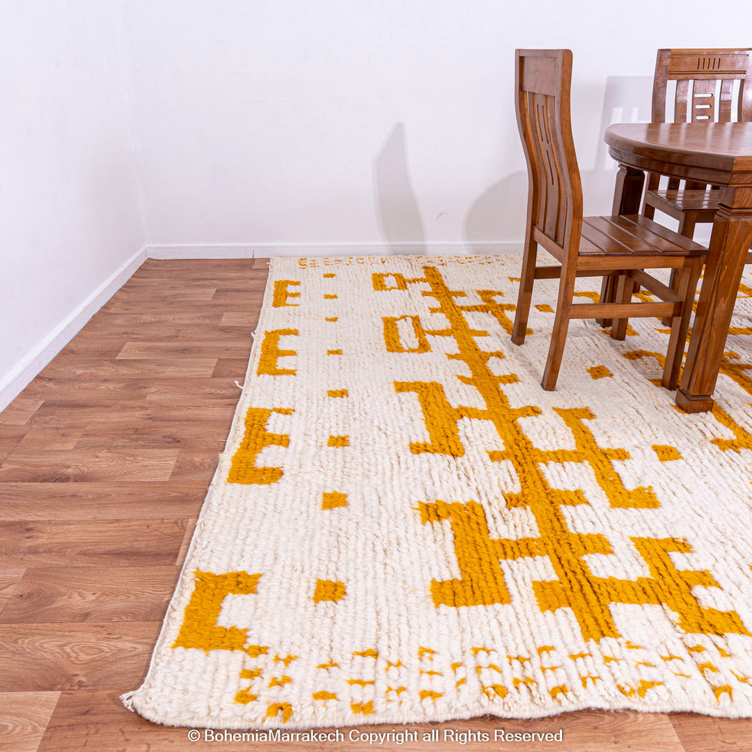 White Moroccan Wool Rug with Mustard Yellow Geometric Berber Pattern