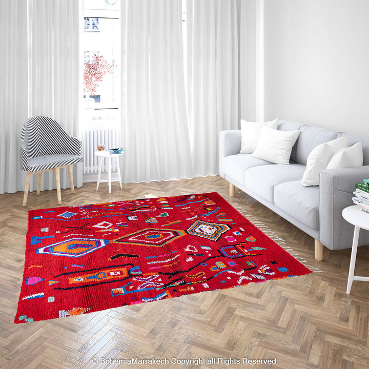 Colorful red Moroccan Boujaad rug with tribal Berber motifs and geometric patterns, handmade in wool