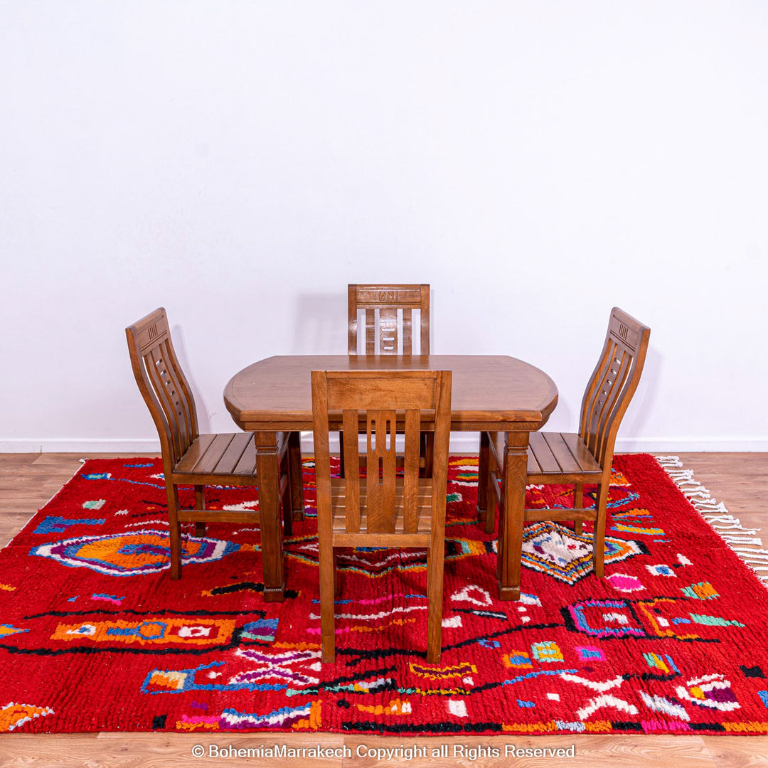 Colorful red Moroccan Boujaad rug with tribal Berber motifs and geometric patterns, handmade in wool