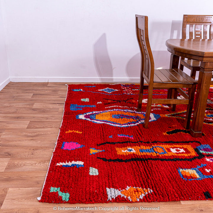 Colorful red Moroccan Boujaad rug with tribal Berber motifs and geometric patterns, handmade in wool