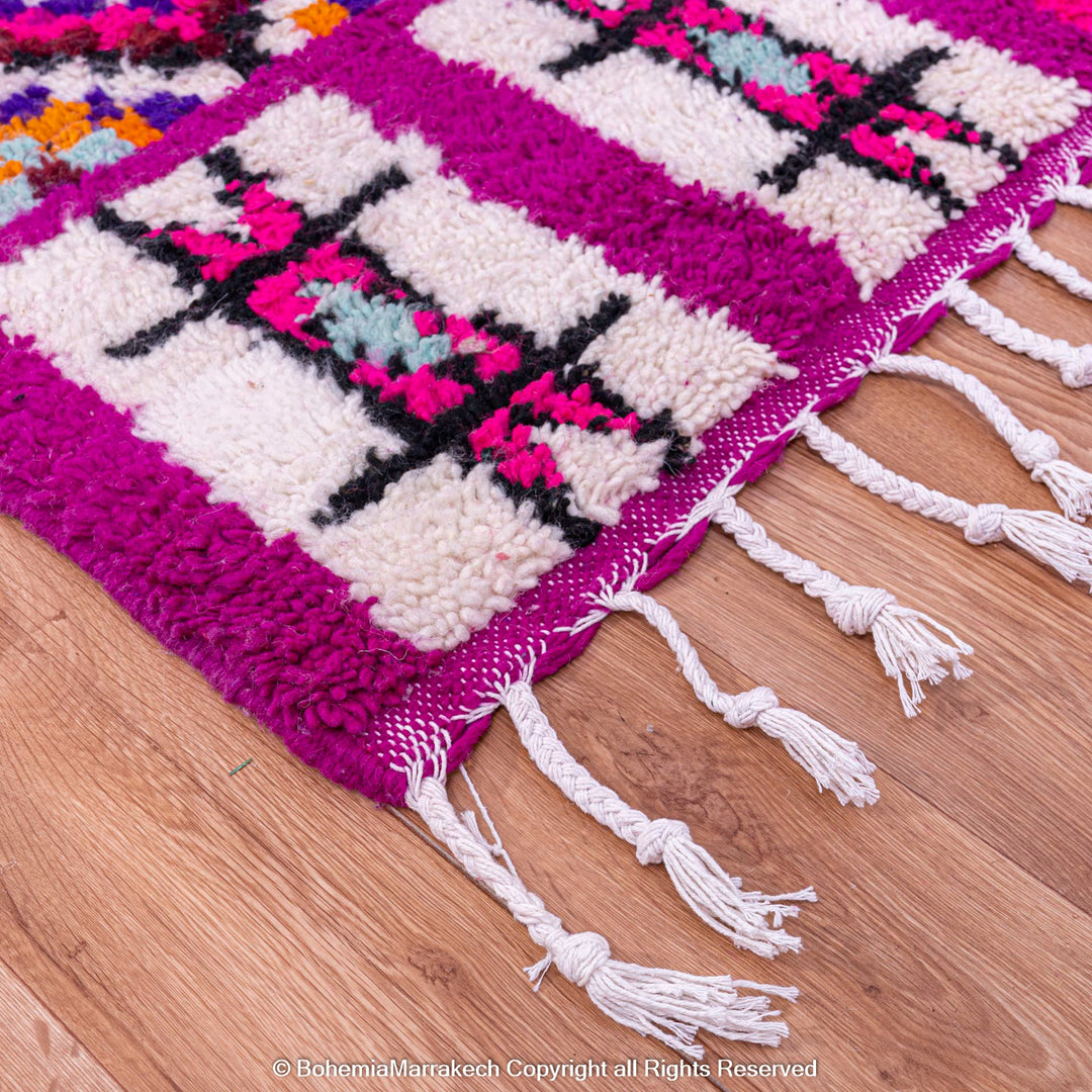 Handmade Colorful Boujad Moroccan Rug with Pink and Purple Wool, Checkerboard Pattern, and Berber Symbols