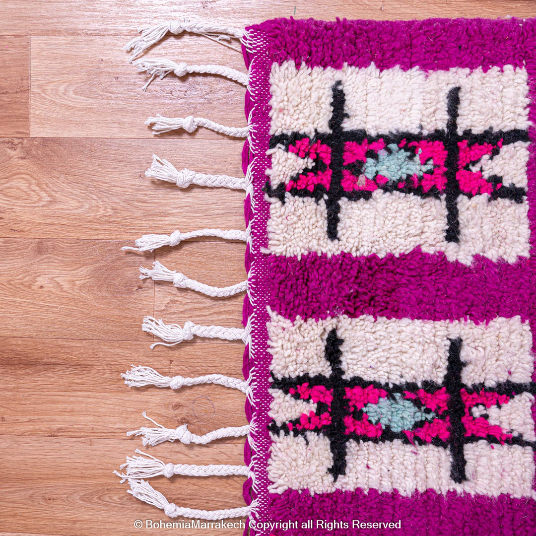 Colorful Boujad Moroccan Rug with magenta and tribal motifs, Berber handmade, 100% wool, traditional Moroccan carpet for sale.