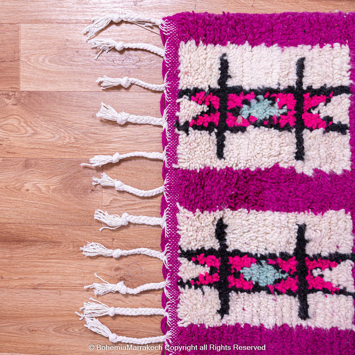 Colorful Boujad Moroccan Rug with magenta and tribal motifs, Berber handmade, 100% wool, traditional Moroccan carpet for sale.