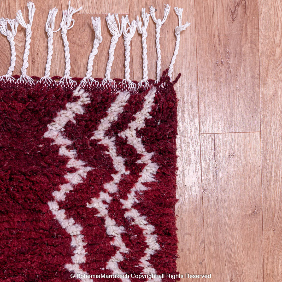 Handmade Burgundy Boujaad Moroccan Rug with Tribal White Lines