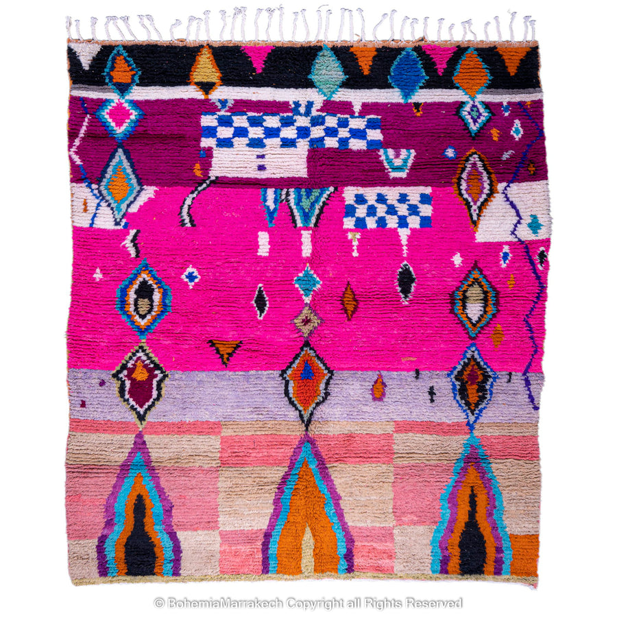 Pink abstract Moroccan wool rug with tribal and checkerboard motifs