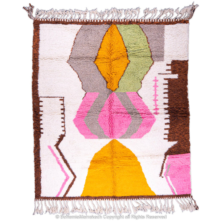 Handmade colorful Moroccan rug with pink, yellow, brown, and green geometric patterns on white wool