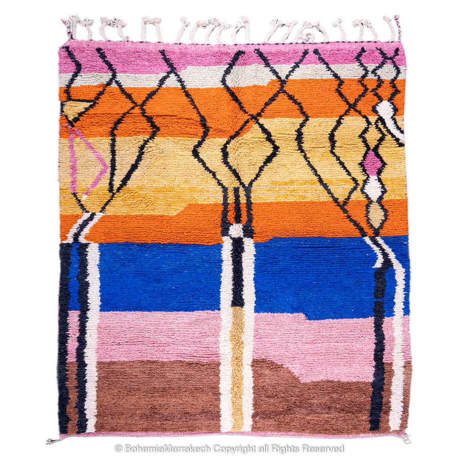 Handmade multicolor Moroccan wool rug with abstract geometric shapes in orange, blue, pink, and brown tones