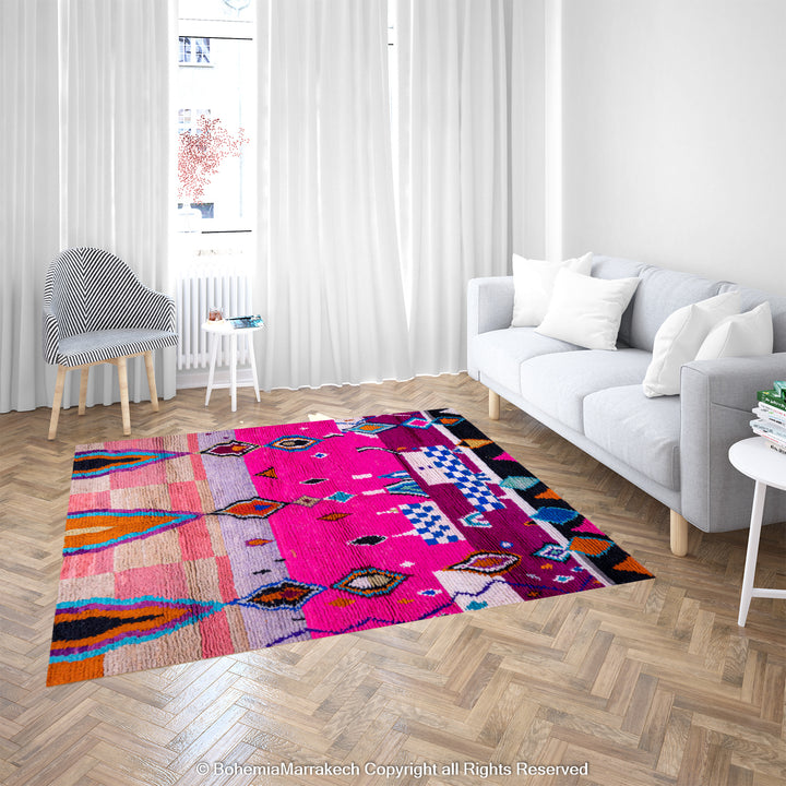 Pink abstract Moroccan wool rug with tribal and checkerboard motifs