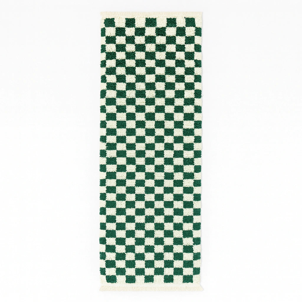Deep green and white checkerboard Moroccan wool runner rug