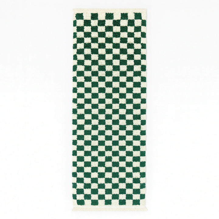 Deep green and white checkerboard Moroccan wool runner rug
