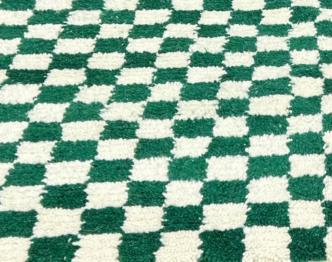 Deep green and white checkerboard Moroccan wool runner rug