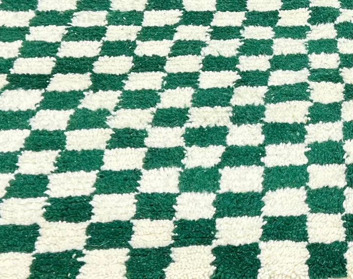 Deep green and white checkerboard Moroccan wool runner rug
