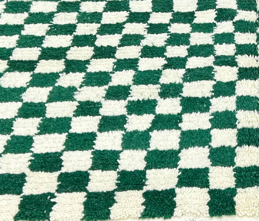 Deep green and white checkerboard Moroccan wool runner rug