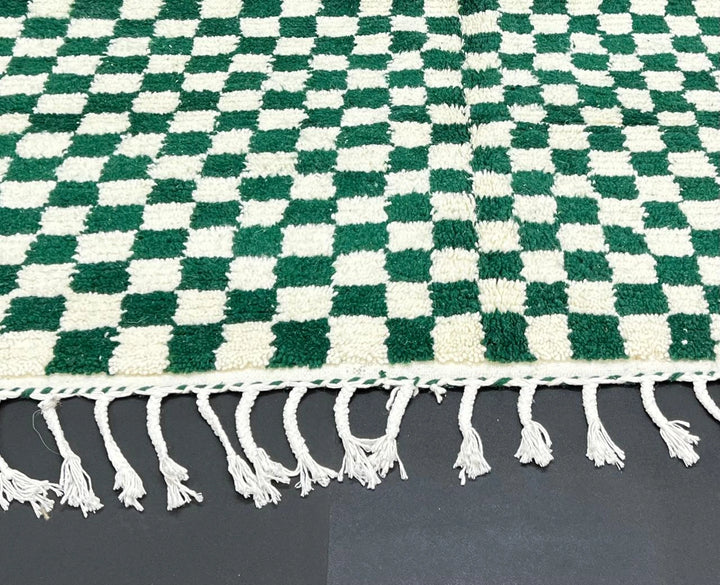 Deep green and white checkerboard Moroccan wool runner rug