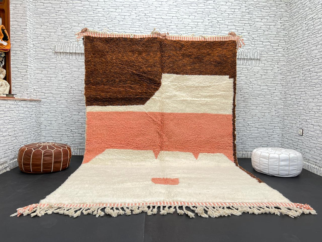 Earth tone Moroccan wool rug with brown, terracotta, and cream geometric design