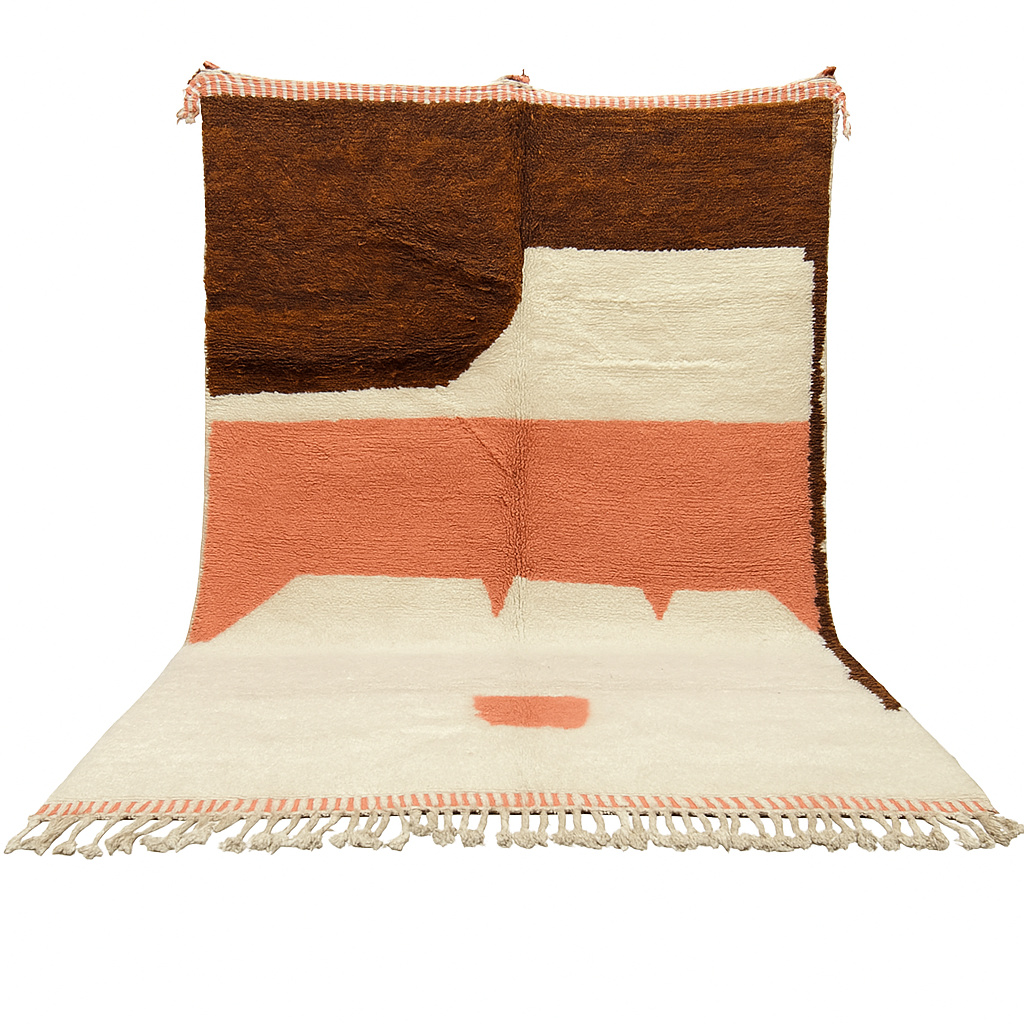 Earth tone Moroccan wool rug with brown, terracotta, and cream geometric design