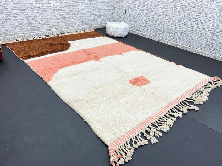 Earth tone Moroccan wool rug with brown, terracotta, and cream geometric design