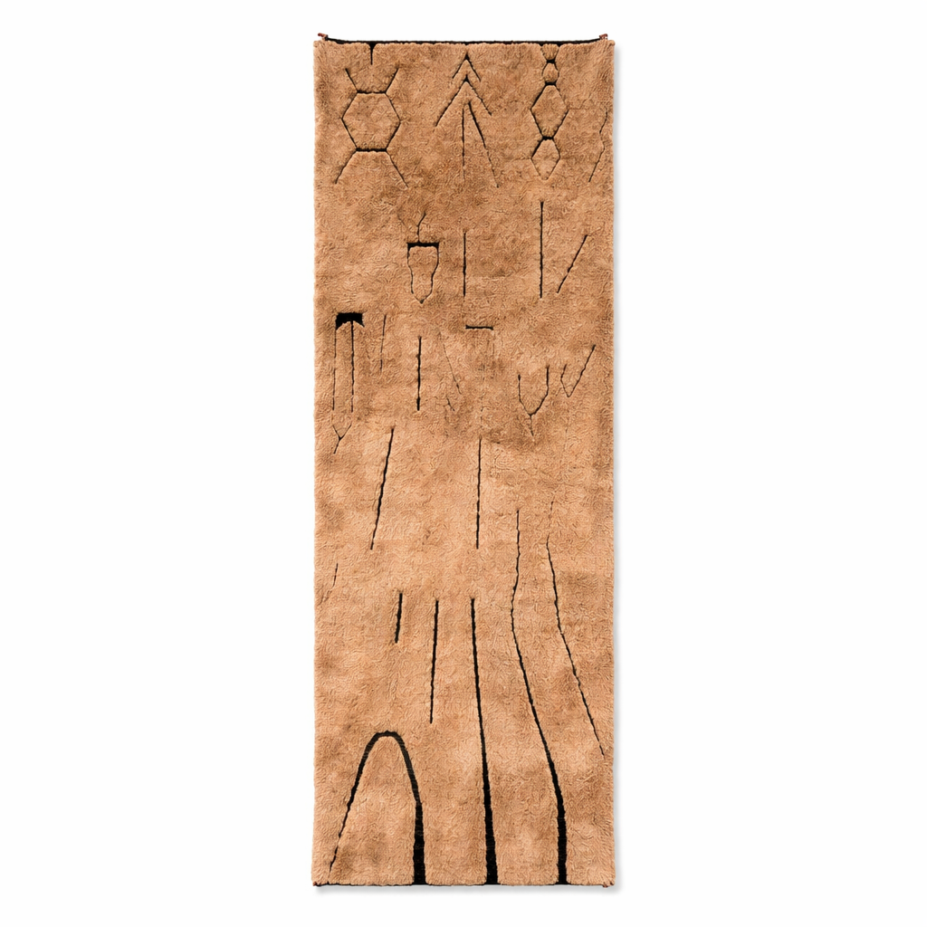 Earth tone Moroccan wool runner rug with carved Berber symbols and black lines