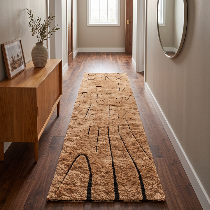 Earth tone Moroccan wool runner rug with carved Berber symbols and black lines