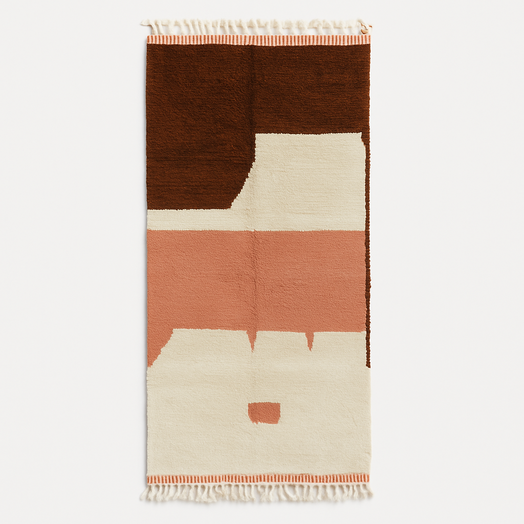 Earth tone Moroccan wool runner rug with abstract brown, terracotta, and cream color blocks