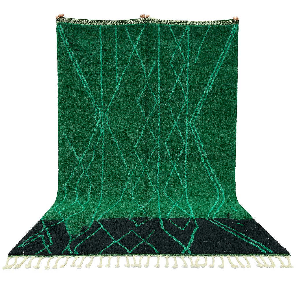 Emerald green Moroccan wool rug with diamond pattern, handmade by Berber artisans in Morocco