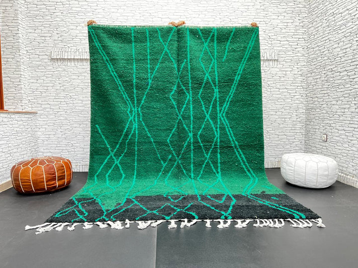 Emerald green Moroccan wool rug with diamond pattern, handmade by Berber artisans in Morocco
