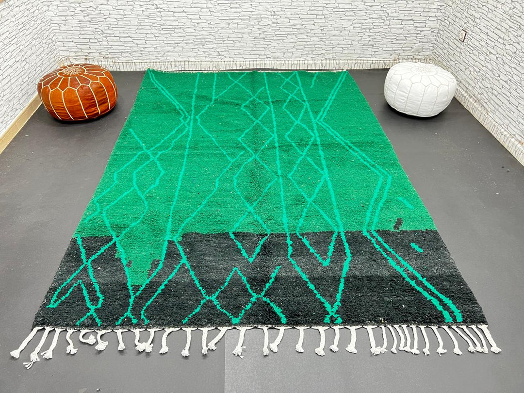 Emerald green Moroccan wool rug with diamond pattern, handmade by Berber artisans in Morocco