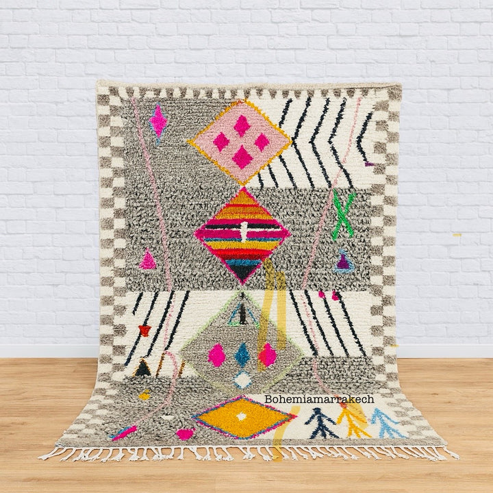 Colorful Moroccan Wool Rug – Geometric beni mrirt  rug Design